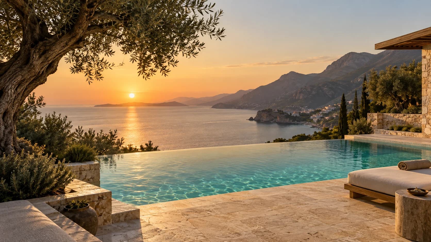 A quiet pool overlooking the coast at golden hour